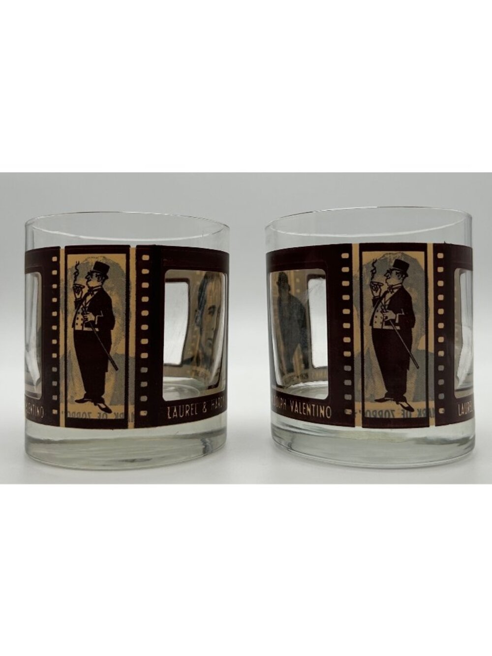 VTG Houze Art Roaring Twenties Whiskey Glasses Pair MCM Silent Film Star Rocks